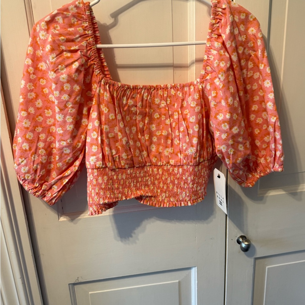 Billabong Coral Pink Daisy Puff Sleeve Crop Top